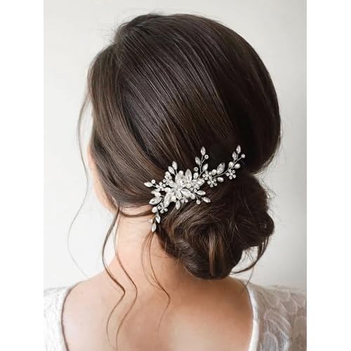 SWEETV Wedding Hair Comb Pearl Bride Hair Pins Flower Hair Piece Rhinestone Bridal Hair Accessories for Women and Girls