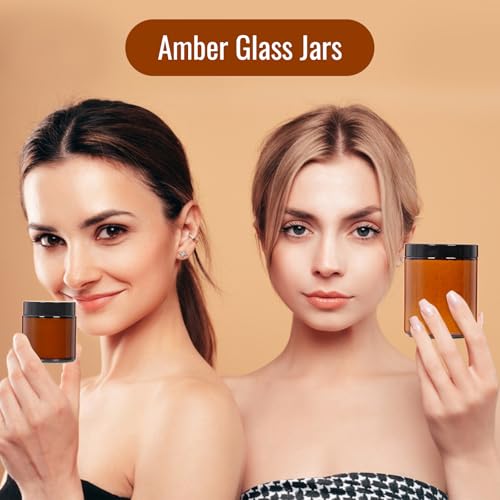 2 Pack 4 oz Amber Glass Jars with lids, Cosmetic Jars with Inner Liners and Black Lids, Lotion Jars, Candle Making Jars for Lotions, Scrubs and Cosmetic, Lables and Spatulas Include