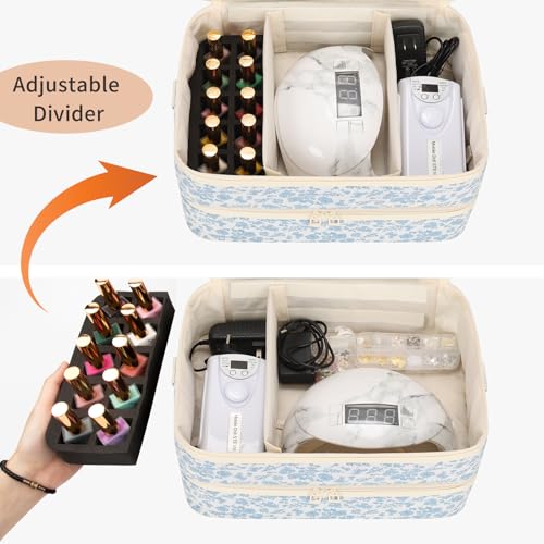 Ethereal Nail Polish Organizer Case Holds 50+ Bottles(15ml/0.5fl.oz) and Nail Lamp, Double Layer Nail Polish Storage Bag for Nail Kit, Manicure Tools,blue flower