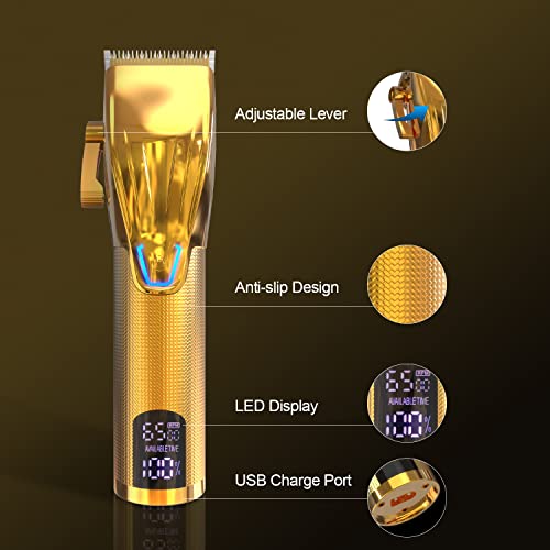 Cordless Hair Clippers for Men,Professional Hair Clippers Trimmer Kit,Barber Fading Clipper and Zero Gap T-Blade Trimmer Set with LED Display for Mens Gifts(Gold)