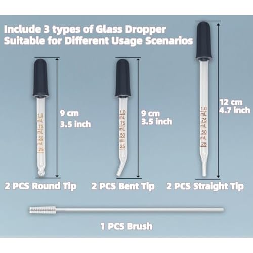 6 Pack Glass Pipette Dropper with Brush - Bent & Straight Tips, 1 ml Eye Droppers for Essential Oils, Lab, Crafts, Measuring and Transferring Liquids