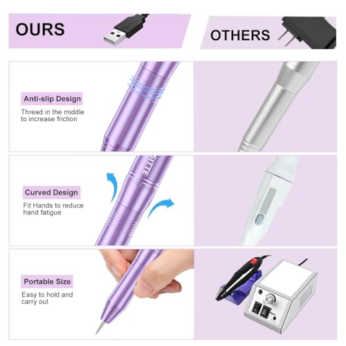 Electric Nail Drill,USB Electric Nail Drill Machine for Acrylic Nail Kit,Portable Electric Nail File Polishing Tool Manicure Pedicure Kit Efile Nail Supplies for Home Salon,Lilac
