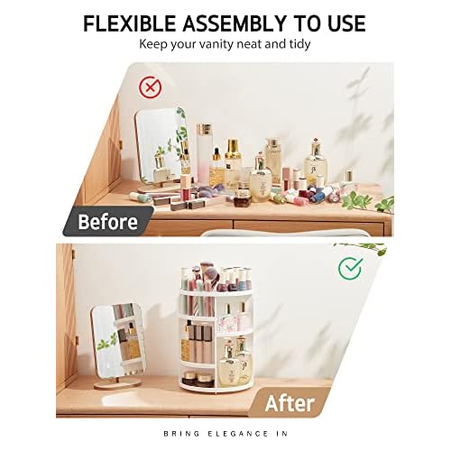 Syntus 360 Rotating Makeup Organizer, DIY Adjustable Bathroom Makeup Carousel Spinning Holder Rack, Large Capacity Cosmetics Storage Box Vanity Shelf Countertop, Fits Makeup Brushes, Lipsticks, White