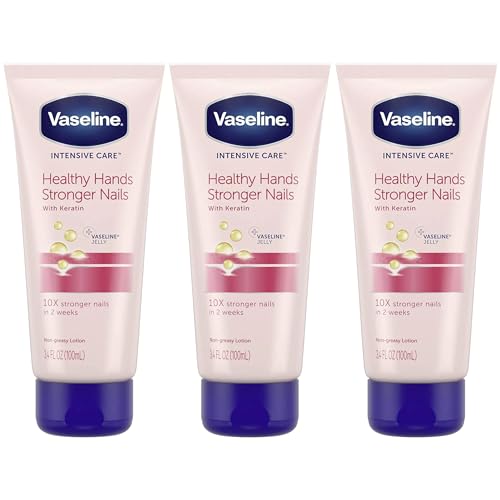Vaseline Lotion, Healthy Hands Stronger Nails with Keratin 3-Pack ? Intensive Care Hand Lotion with Petroleum Jelly, 3.4 Oz Ea