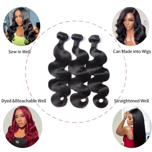 Body Wave Human Hair 3 Bundles (26 28 30) 100% Unprocessed Brazilian Virgin Human Hair Extensions Brazilian Body Wave Weave Bundles Soft and Silky Natural Black Wavy Hair Quick Weave Bundle for Women