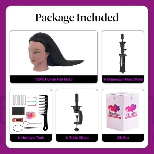18" Mannequin Head Human Hair with Stand - 100% Real Human Hair Mannequin Head for Braiding, Cosmetology Manikin Doll Head for Hair Styling with Tripod Stand Table Clamp Hair Braiding Set