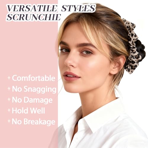 5Pcs Leopard Satin Scrunchies for Women, Softer Than Silk Scrunchies, Fashion No Crease Hair Ties for Thin Thick Hair,Soft Hair Bands No Damage for Girls, Ideal Gifts for Women (Set 4)
