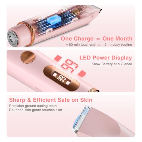 Dual-Head Bikini Trimmer for Women ? 2-in-1 Electric Razor, IP67 Waterproof Wet & Dry Pubic Hair Trimmer, Face & Body Shaver with LED% Display, USB-C Rechargeable-X1 Pro Petal Pink