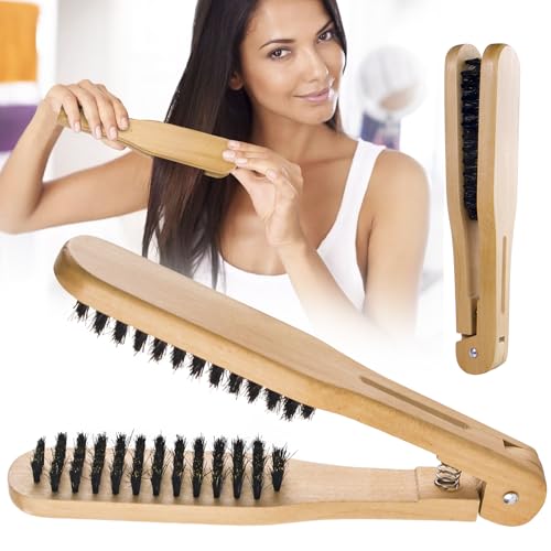 Double Sided Bristle Hair Brush, Clamp Hair Brush Use for Smoothing and Straight Hair Styles, Wooden Hair Straightening Brush