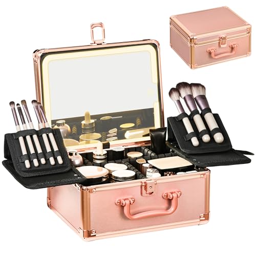 Makeup Case with Lighted Mirror, Makeup Box Organizer with Detachable LED Mirror, Travel Makeup Train Case, Waterproof Cosmetic Organizer, Standing Brush Holder, Gift, Rose Gold