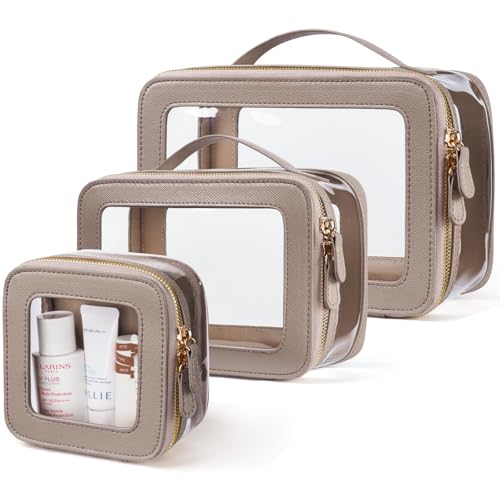 Clear Cosmetic Bag Set for Women Makeup Bag with Handle, 3 Pcs Travel Toiletry Bag Transparent Cosmetic Case Portable Make Up Organizer Bag for Essentials (Stone, Mini+S+L)