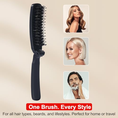 PERFEHAIR Travel Folding Boar Bristle Hair Brush, Mini Compact Portable Pocket Purse Brush for Thin Fine Short Hair, Small Foldable Travel Size Hairbrush for Men & Women Wet Dry Hair