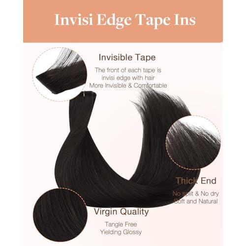 GOO GOO Invisi Edge Tape in Hair Extensions Human Hair, 1B Natural black 20pcs injected with 20pcs classical tape ins, 24inch 100g, Virgin Remy Hair, Natural Look