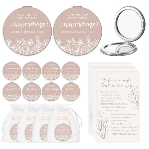 Wildflower Inspirational Gifts for Women Bulk Motivational Compact Mirror Makeup Purse Double Sided Folding Mirror Inspirational Gift Cards with Bag for Women(24 Set)