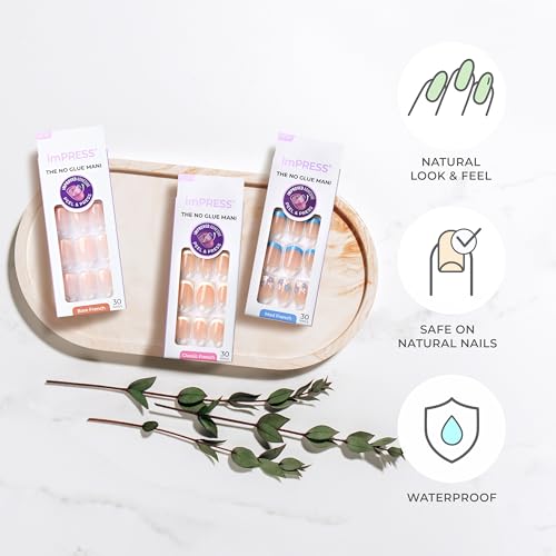 KISS imPRESS No Glue Mani Press On Nails, French, 'Glimpse', White, Medium Size, Coffin Shape, Includes 30 Nails, Prep Pad, Instructions Sheet, 1 Manicure Stick, 1 Mini File
