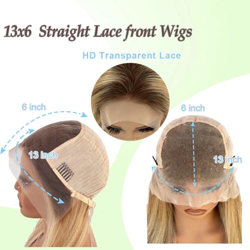 13x6 Medium brown/Golden Brown to Bleach Blonde Highlights Straight Lace front Wigs Human Hair 28in for Black Women HD Lace Glueless Pre Plucked 180% Density Brazilian Virgin Human Hair 28in