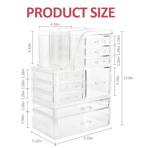 Clear Makeup Organizer with 9 Drawers & Rotating Brush Holder - Large Capacity Cosmetic Display Cases Storage for Vanity, Countertop, Bathroom, Lipstick and Skincare Organization