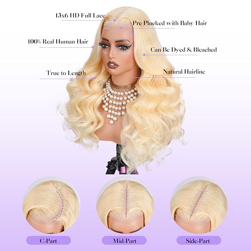 613 13x6 Lace Front Wig Human Hair Pre Plucked 250 Density 20 Inch Body Wave Blonde Wig Human Hair 613 HD Lace Frontal Wigs 13x6,100% Real Human Hair No Tangle No Shedding Triple Lifespan 3X