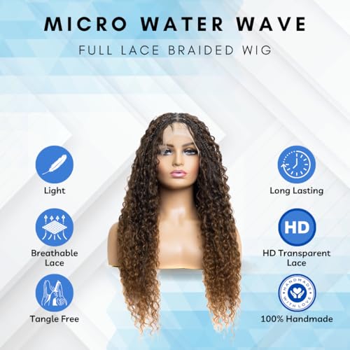 PIB Single Full Lace Braid Wig ? Micro Water Wave Box Braided Wigs, Knotless Braided Wigs for Black Women, Curly Hair Wig (#1B30 Off Black and Brown, 26")