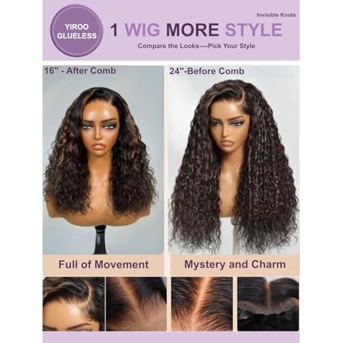 YIROO Golden Brown Highlight 7X5 Bye Bye Knots Water Wave Lace Closure Wig Human Hair Glueless Pre Cut Pre Plucked Invisible Knots Lace Front Wigs Ready to Go Wet and Wavy Wigs 150% Density 22Inch