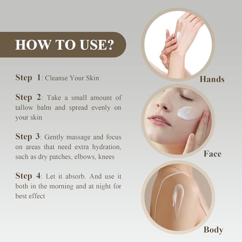 Beef Tallow for Skin, Whipped Tallow and Honey Balm Tallow Face Moisturizer, 100% Pure Beef Tallow Balm Blend of Vitamins Grass Fed Beef Tallow, All-Natural Moisturizer Hydrates and Nourishes the Skin