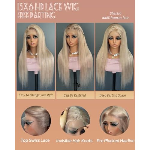 Sherico Ash Blonde Wigs Human Hair for Black Women,Glueless 13X6 HD Ash Blonde Lace Front Wigs Wear and Go Ash Gray Straight Lace Frontal Wig Pre Plucked with Natural Hairline 180 Density