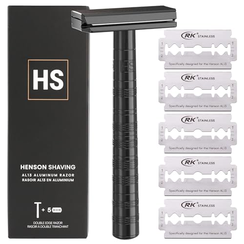 Henson Shaving Razor - Jet Black Double Edge Safety Razor with 5 Spare Blades - 30¡Æ Angled Precision With Superior Blade Rigidity- Reusable Single Blade Razors For Men and Women - Mild Aggression