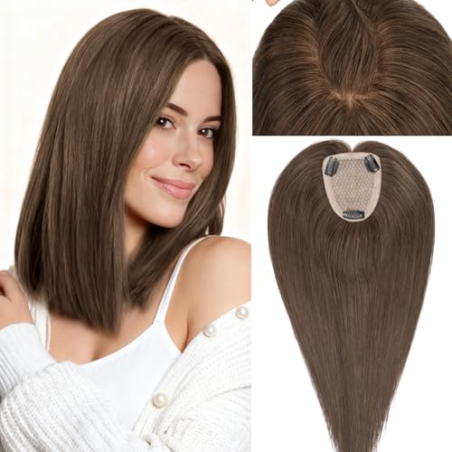 Rich Choices Human Hair Toppers for Women-100% Real Remy Hair Topper No Bang-Upgraded 150% Density 9 * 16CM Lace Base-Clip in Hairs Topper for Thinning Hairs-12Inch #2 Dark Brown