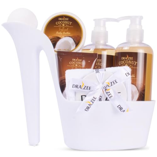 Luxury Spa Gifts for Women ? 8 Pc Coconut Scented Bath and Body Set with Bubble Bath, Lotion & More ? Luxury Self Care Kit for Wife, Mom, Best Friend, Girlfriend, Anniversary Gift by Draizee