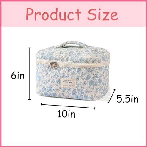 uekeboag Large Travel Quilted Makeup Bag for Women, Floral Cotton Cosmetic Bag, Coquette Aesthetic Floral Toiletry Organizer Bag