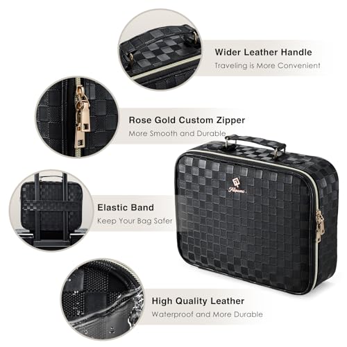 Makeup Bag with LED Lighted Mirror 12.2 IN Travel Makeup Bag Adjustable Brightness in 3 Colors Cosmetic Organizer Artist Storage Bag with Dividers Brush Holder Bag Vanity Black Checkerboard
