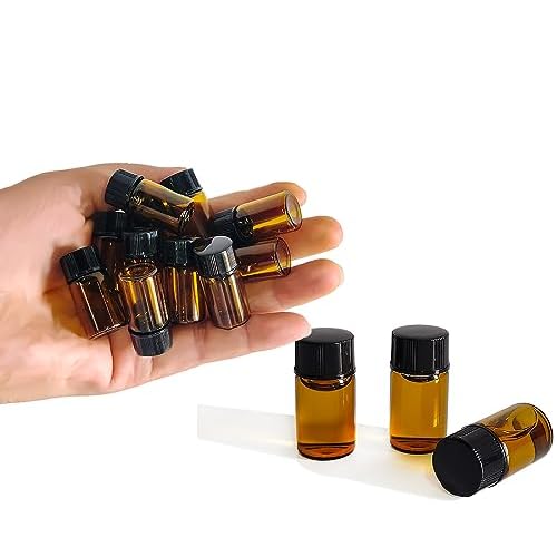 50Pcs 3ml Amber Sample Bottles,Mini Glass Essential Oil Bottle, with Black Screw Caps, for Travel Essential Oil and Perfume Vials Bottles (3ML)