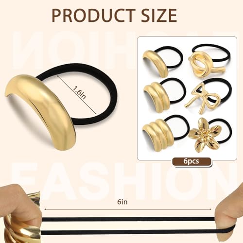 YONOY 6Pcs Gold Hair Ties,Metal Hair Ties for Thick Hair,Damage Ponytail Holders,6 Styles Hair Accessories for Women