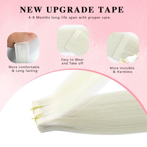 ABH AMAZINGBEAUTY HAIR Invisi Edge Tape in Hair Extensions Real Human Hair, Seamless Injected Hand-Tied Virgin Human Hair Pro Quality Tape ins 20PCS 50G/Pack, White Blonde #603 18Inch