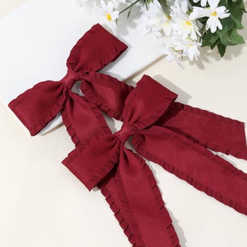 VOBOBE 2PCS Hair Bows for Women Girls, Red Tassel Hair Ribbon Bowknot Hair Clips Barrettes Hair Accessories for Girl with Long Tail (Red)
