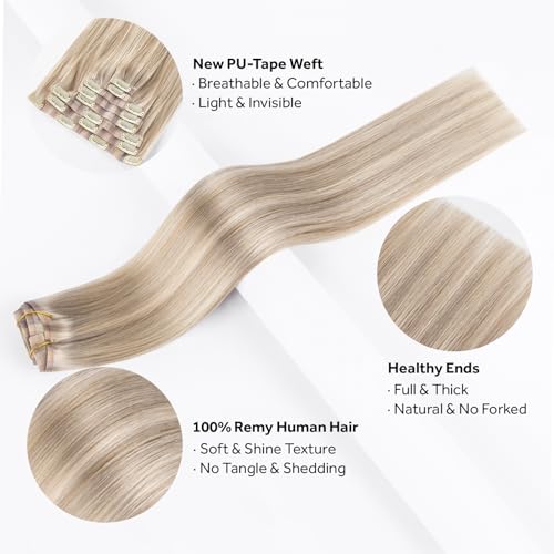 Clip in Hair Extensions Real Human Hair Seamless Clip Ins 100% Remy Hair Extensions PU Skin Weft Add Volume Ash Blonde Highlights Thick&Invisible #P18/613 16Inch 120G 8PCS