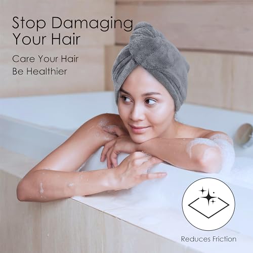 TENSTARS 5 Pack Thicken Microfiber Hair Towel Wrap for Women - Elastic Loop Design - 320GSM Coral Velvet - Quick Dry Hair Turban - 11x28 Inch (Grey+Pink+Brown+FrozenBlue+FrozenBerry)