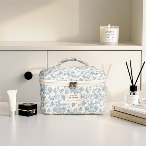Large Makeup Bag, Cute Cosmetic Bag for Women Girls Floral Coquette Aesthetic Toiletry Bag Travel Make Up Organizer Bag (Blue)
