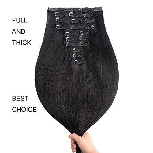 22" Clip in Human Hair Extensions Full Head 200g 10 Pieces 22 Clips 1# Jet Black Double Weft Brazilian Real Remy Hair Extensions Thick Straight Silky (22",200g Jet Black)