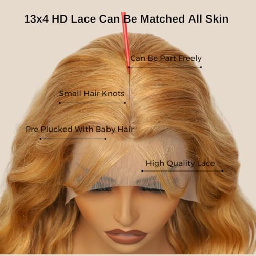 ALHER Honey Blonde Lace Frontal Wig Human Hair 24 Inch Body Wave, 180% Density Blonde #27 Colored 13x4 HD Lace Front Wig Pre Plucked With Baby Hair Ear to Ear, 12A 100% Virgin Remy Hair for Women
