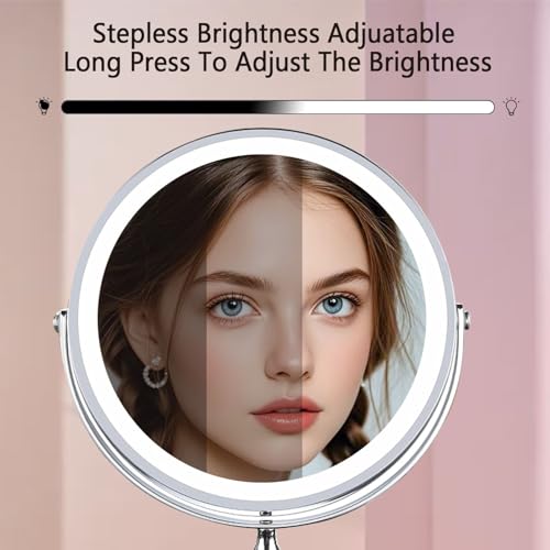 Makeup Mirror with Lights £¬8 Inch 1X/10X Rechargeable Double Sided Magnifying , 360¡Æ Rotation LED HD Mirror with 3 Colors£¬Brightness Adjustable, Ideal for Daily Skincare and Professional Makeup