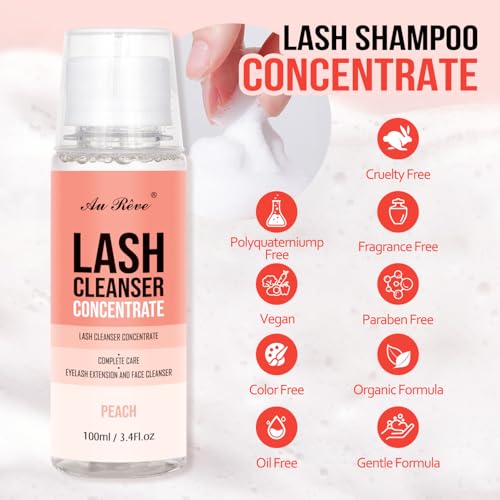 Lash Shampoo Concentrate 100 ml/3.4 fl.oz Lash Cleanser Concentrate Oil Free Eyelash Extension Shampoo for Salon Home Eyelash Care-Can Make 20 bottles of 60ml Lash Shampoo,Peach