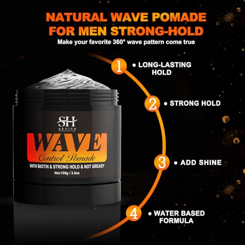 SEVICH 360¡Æ Wave Control Pomade for Men - Strong Hold Hair Styling Gel with Biotin, Water-Based Formula - Natural Wave Grease for Coarse, Medium & Straight Hair (100g/3.5oz)