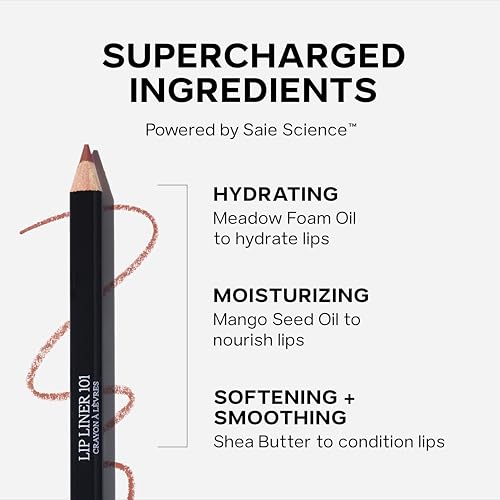 Saie Lip Liner 101 - Lip Pencil Made with a Creamy, Soft Matte Formula for a Naturally Framed or Fully Filled Look - Supercharged with Shea Butter & Jojoba Oil - Twist (.05 oz)