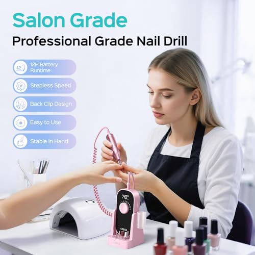 COSLUS Professional Rechargeable Electric Nail Drill 40000 RPM, Portable Nail File with Storage Stand for Acrylic Gel Polishing Removing - Easy to Use for Women, Manicure at Home DIY or Salon, Pink