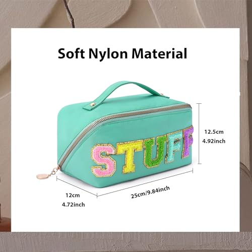 3Pcs Stoney Clover Preppy Makeup Bag, Stuff Bag Travel Makeup Cosmetic Bag, Chenille Letter Patch Open Flat Nylon Pouch, Mixed