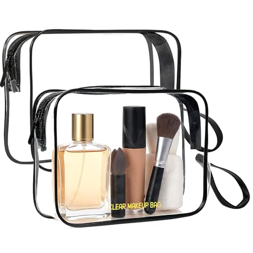 Clear Makeup Bag,2 Pack TSA Approved Toiletry Bag Travel Toiletry Bag Hanging Makeup Cosmetic bag for Women Men (Black).