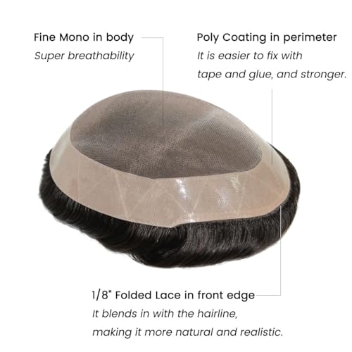 Men's Real Human Hair Toupee Natural Hairline Hair Replacement System for Men Breathable Fine Mono Base with Poly Perimeter Lace Front Edge Durable & Realistic Wig for Daily Wear (8"x10")