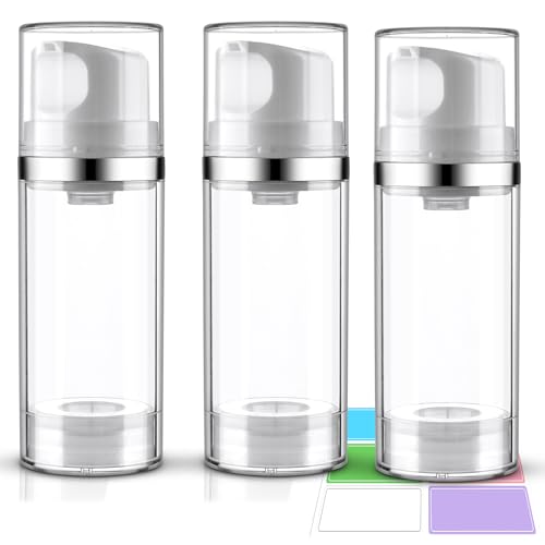 Airless Pump Bottles 3.4oz/100ml 3 Pack Lotion Dispenser Travel Pump Bottles for Toiletries Airless Cosmetic Pump Container Airless Pump Jar for Toiletries Shampoo Cream with Labels(Clear)