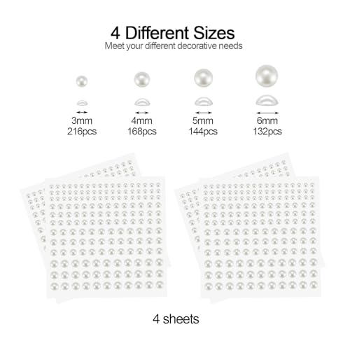 BlingKingdom 660pcs Self Adhesive Pearl Stickers Flat Back Pearls for Craft Hair Face Makeup Nail Cell Phone Scrapbooking Decor, 4 Size 3mm/4mm/5mm/6mm (White)